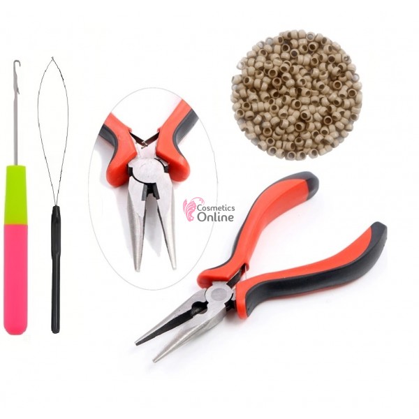 Set pentru extensii de par cu cleste IM001C, 100 inele Nanoring fara silicon cu iglita si croseta Blond Ash 